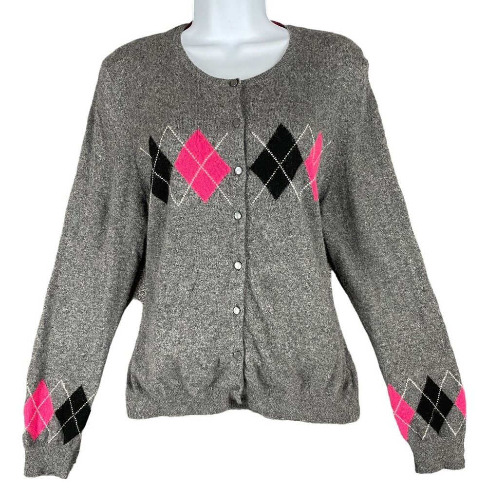 Charter Club Cardigan Sweater Womens Size L Cashmere Argyle Work Office Capsule